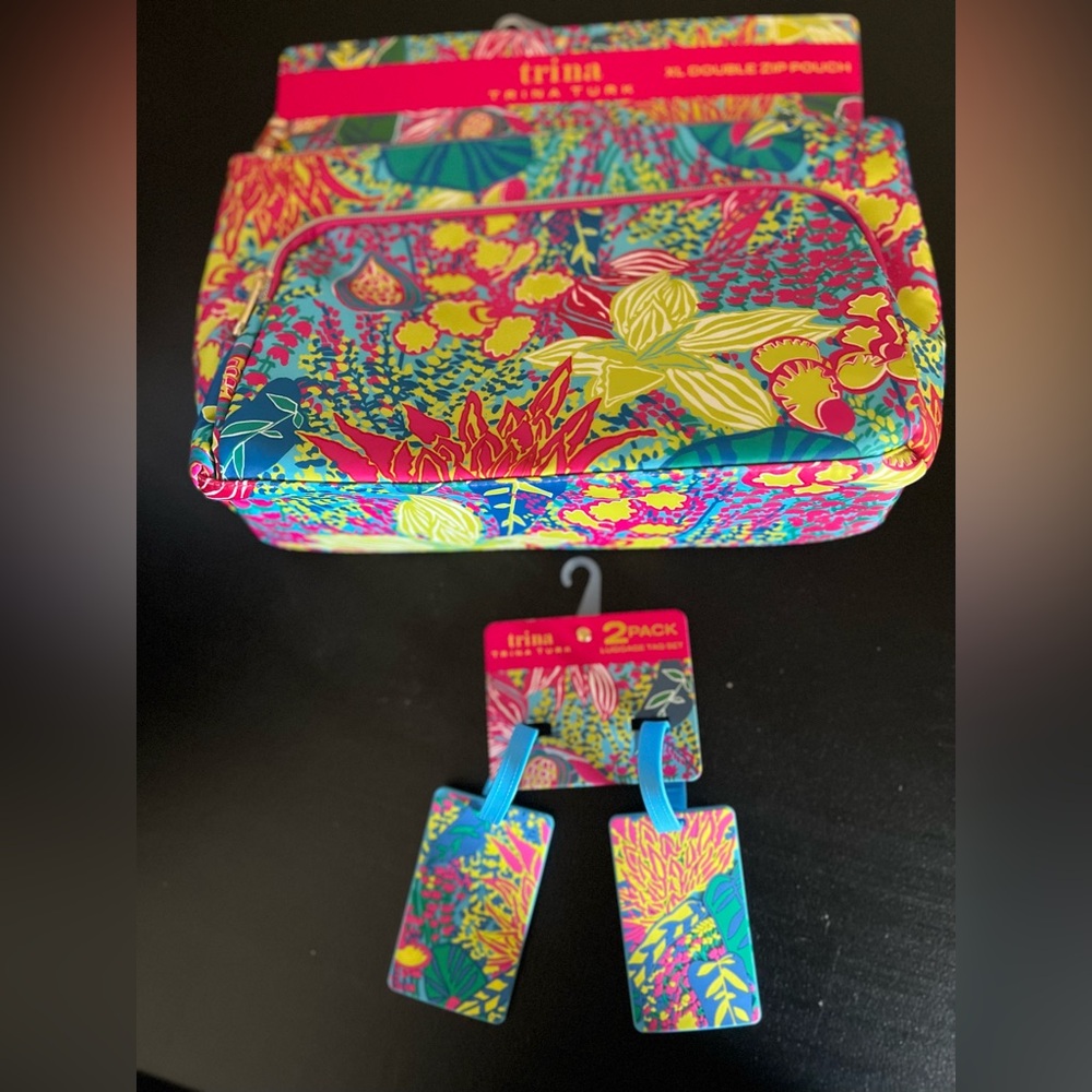 Trina Turk Floral XL Double Zip Pouch and Luggage Tags